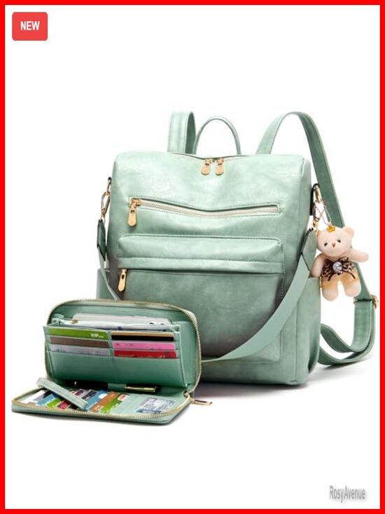 Women\'s Faux Leather Backpack Purse Set with Wallet, Large Capacity Travel